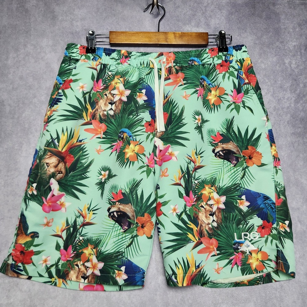 LRG Men Mint Green Tropical Lion Parrot Jungle Print Swim Trunks Medium No Liner